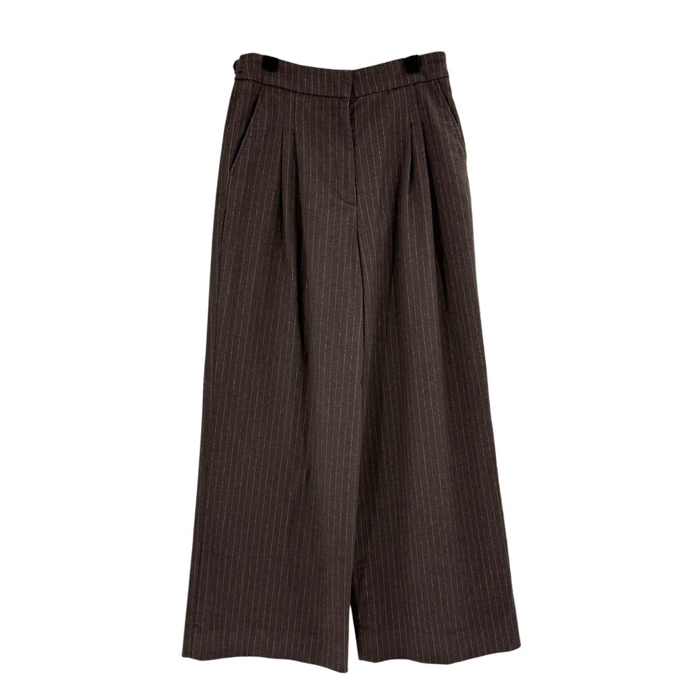 Vanessa Bruno Brown Pinstripe Wide-Leg Trousers Size 40 Wool Viscose Blend Women - Picture 2 of 16